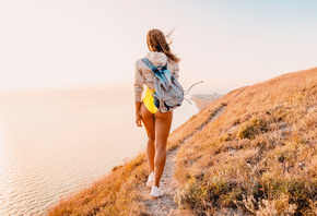 women, bag, one-piece swimsuit, tanned, back, sneakers, sea, women outdoors, the gap, sweater