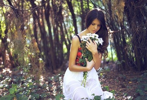 , , , , , , ,  ,   , women, brunette, dress, bouquet, flowers, forest, trees, outdoors
