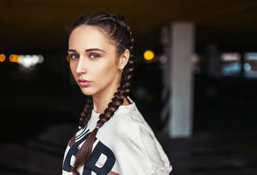 women, pigtails, T-shirt, portrait, depth of field