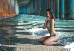 women, sea, ass, kneeling, brunette, one-piece swimsuit, water drops