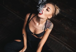 Alina Ostraya, women, tanned, smoke, tattoo, black bras, red lipstick, sitting, overalls, blonde, open mouth