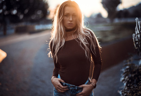 women, choker, blonde, necklace, depth of field, women outdoors, portrait