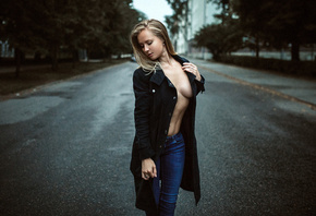 women, blonde, boobs, jeans, road, street, closed eyes, depth of field, no  ...