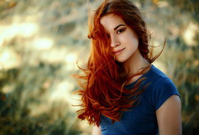 women, redhead, smiling, depth of field, portrait