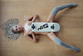 women, top view, nude, strategic covering, skateboard, stockings, Dominika  ...