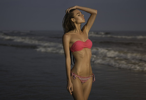 women, tanned, sea, bikini, skinny, closed eyes, depth of field, women outdoors, wet hair, water drops, long hair, hips