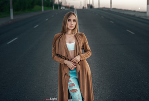 women, blonde, necklace, torn jeans, white tops, street, road, depth of fie ...