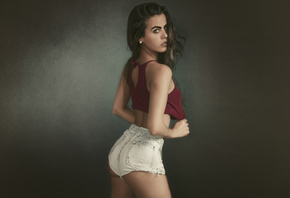 women, ass, jean shorts, tanned, simple background, portrait