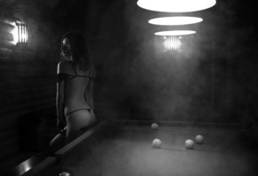 women, monochrome, ass, back, black lingerie, smoke, pool table