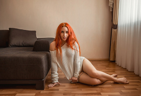 women, redhead, portrait, couch, tattoo, on the floor, sitting, long hair, brunette