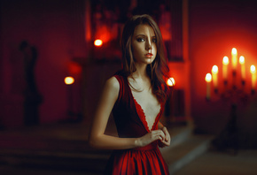 women, Ksenia Kokoreva, red dress, portrait, cleavage, depth of field