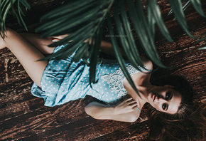 women, top view, dress, portrait, wooden surface, lying on back, on the flo ...