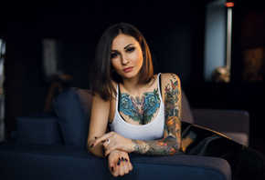 women, portrait, black nails, tattoo, couch, sitting