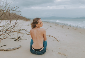 women, jeans, topless, tattoo, closed eyes, sand, sea, back, sitting, women outdoors, thong, bikini