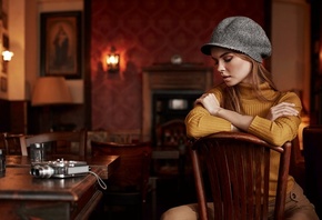 women, Anastasia Scheglova, blonde, portrait, model, chair, table, sitting, ...