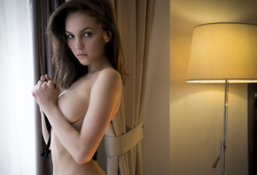 women, Maria Demina, Vladimir Nikolaev, boobs, lamp, brunette, portrait, bl ...