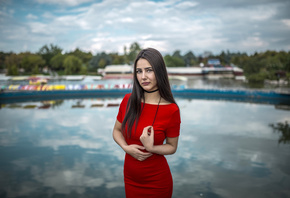 women, depth of field, red dress, water, portrait, choker, women outdoors