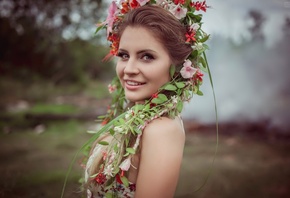 women, portrait, smiling, depth of field, women outdoors, flowers