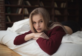 women, blonde, portrait, depth of field, lying on front, books, face