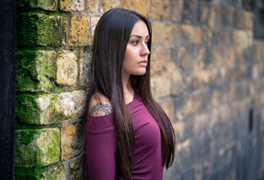 women, portrait, depth of field, tattoo, wall, bricks, looking away