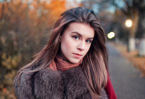 women, face, portrait, fur, depth of field, women outdoors