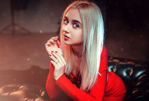 women, blonde, red nails, portrait, red dress