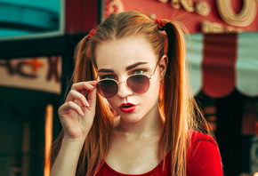 women, portrait, blonde, red lipstick, pigtails, depth of field, sunglasses