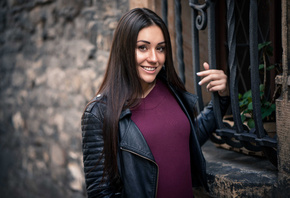 women, portrait, smiling, depth of field, leather jackets, long hair