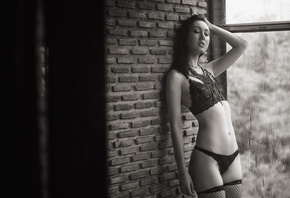 women, closed eyes, belly, black lingerie, window, wall, bricks, monochrome ...