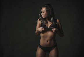 women, tanned, black lingerie, belly, pierced navel, looking away, simple b ...