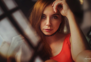 women, redhead, choker, face, portrait, depth of field