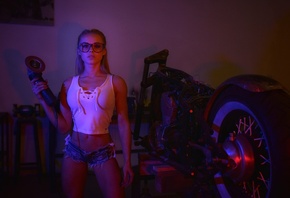 women, blonde, neon, jean shorts, portrait, belly, women with glasses, tool ...