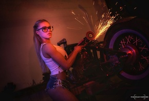 women, blonde, neon, jean shorts, portrait, women with glasses, tools, moto ...