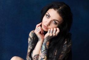 women, tattoo, portrait, piercing, nose rings, black hair, pierced nose