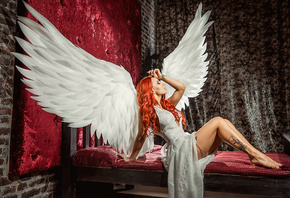 women, redhead, white dress, brunette, tattoo, in bed, sitting, wings, clos ...