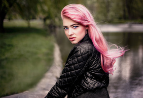 women, pink hair, portrait, leather jackets, blue eyes, depth of field, wom ...