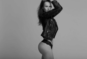 women, monochrome, ass, leather jackets, portrait, black panties