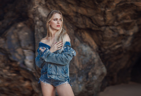 women, blonde, jean shorts, portrait, denim, looking away