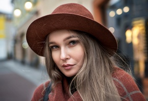 women, Maksim Romanov, portrait, hat, depth of field