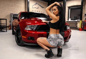 women, Roman Polyanchev, tattoo, tanned, shoes, squatting, back, car, jean shorts