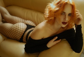 women, redhead, red lipstick, couch, ass, lying on front, black panties, fi ...