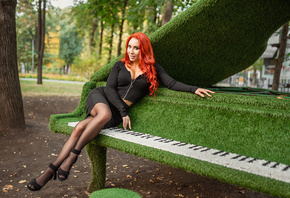 women, redhead, black clothing, trees, sitting, brunette, high heels, skirt ...