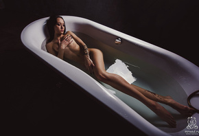 women, tanned, bathtub, water, nude, tattoo, wet body, pierced navel, black ...