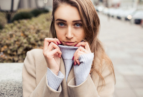 women, portrait, red nails, depth of field, women outdoors, blue eyes, turt ...