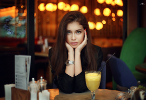 women, portrait, depth of field, red nails, table, cocktail