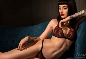 women, tattoo, brunette, red lipstick, couch, black nails, pierced navel, e ...