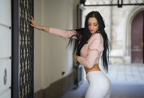 women, black hair, long hair, jeans, belly, portrait