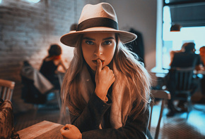 women, hat, blonde, portrait, finger on lips, blue eyes, depth of field