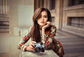 women, portrait, camera, depth of field, dress