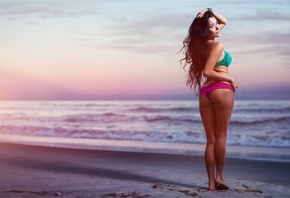 sunset, bikini, beach, ocean